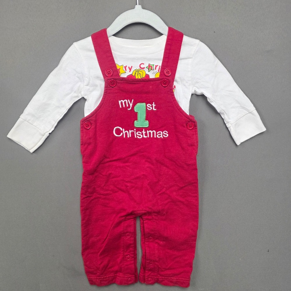 Vintage Circo My 1st Christmas Overalls and Long Sleeve Shirt Set Red White